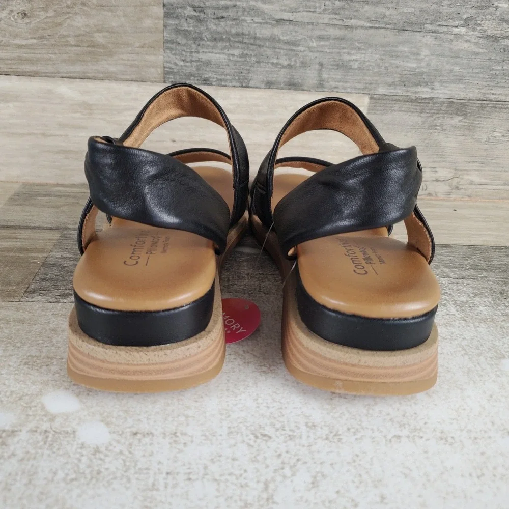 Comfortiva Marcy Womens Sandals Sz 6 W Black Leather Slip On Open Toe Wedge Heel